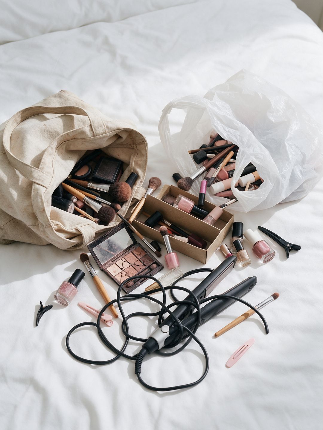 Herramientas de belleza revueltas en bolsas sobre una cama