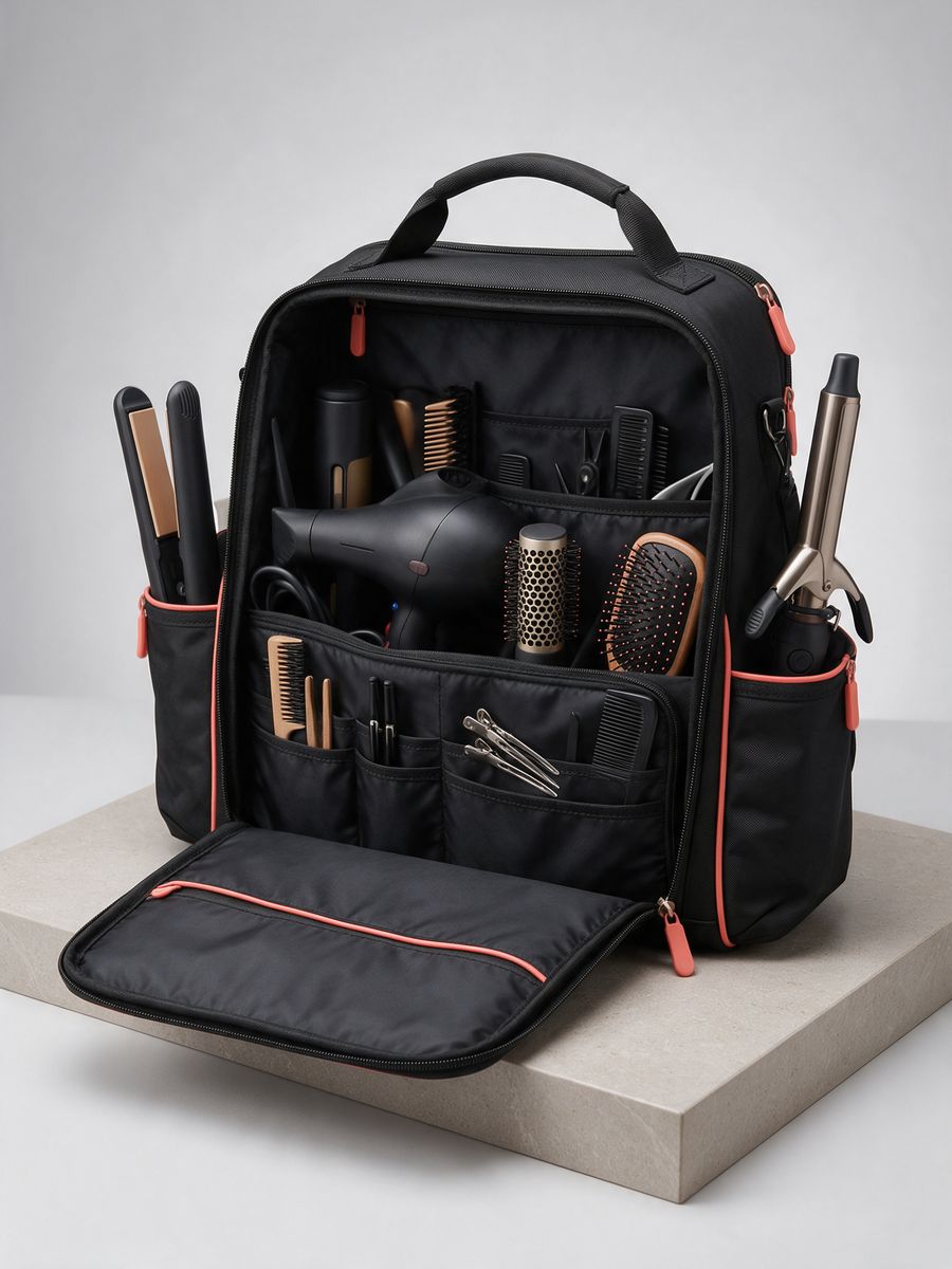 Maleta profesional de cabello abierta y organizada